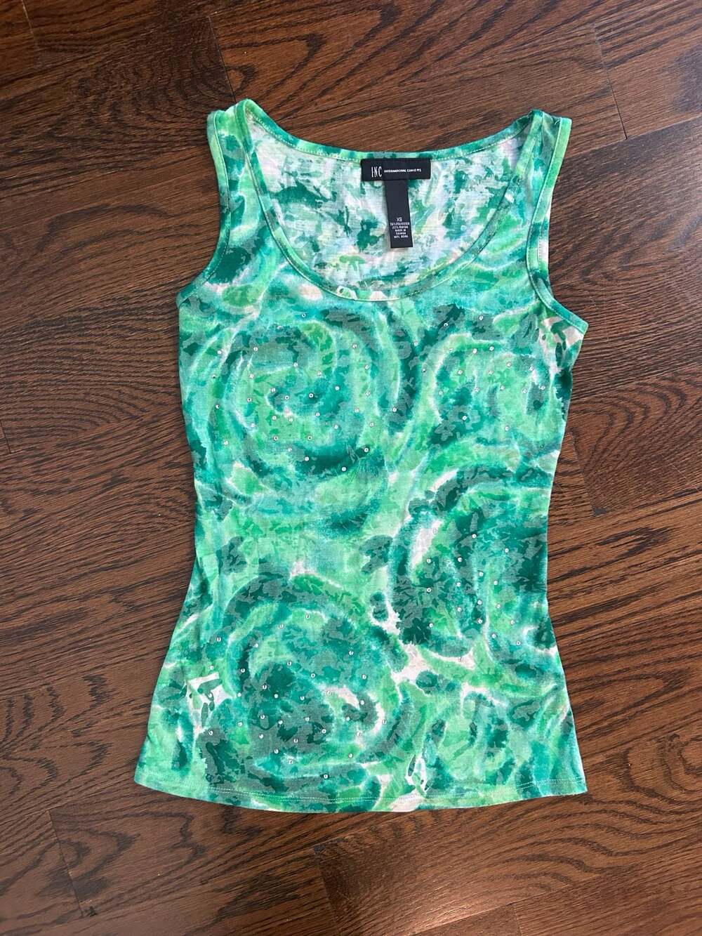 INC International Concepts Green Floral Swirl Rhinestone Tank Top Size XS